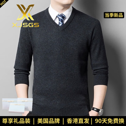 XJSGS international brand men's high-end wool sweater 100% pure wool autumn and winter new V-neck sweater men's bottoming shirt high-end black gray spot XL