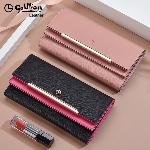 Goldlion Wallet Women's Long Genuine Leather Women's Tri-fold Wallet Cowhide Bag Fashion Clutch Mobile Phone Bag Large Capacity Clutch Black with Plum Red Officially Authorized - One fake will be fined ten