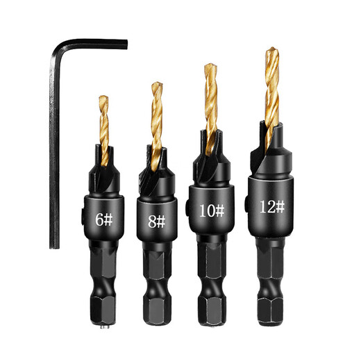 Hexagonal handle woodworking countersink drill 90 degree hole flat bottom self-tapping screw guide hole countersunk head taper hole twist drill bit 5-piece set silver + wrench 5+6+8+10+12