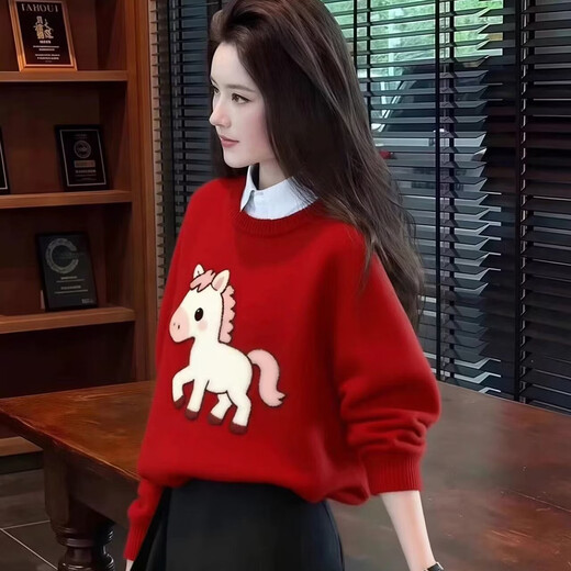 Mrdiane wei sweater women's sweater Year of the Horse festive bottoming shirt warm animal year tops Year of the Horse red one size