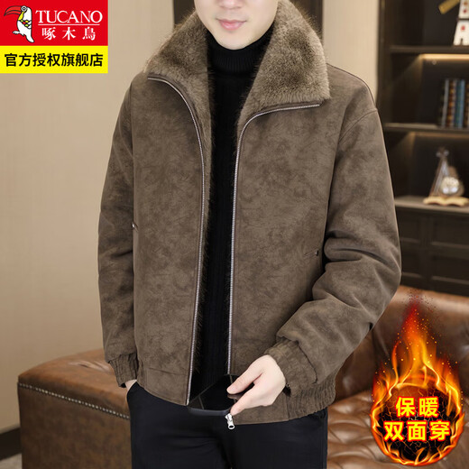 Woodpecker (TUCANO) leather jacket men's winter 2026 new trendy casual lapel plus velvet fur one-piece reversible men's jacket black 4XL