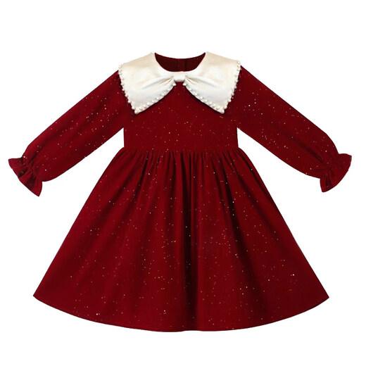 G.duck Girls Velvet Dress 2026 Spring and Autumn New Children's Birthday Princess Dress Baby Girl Clothes High-End Dress Dress Red Velvet Dress + Pearl Headband 120 cm