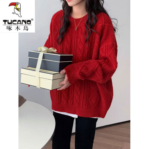 Woodpecker (TUCANO) Red Sweater Women's 2025 Winter New Pullover Loose Outerwear Knitted Sweater Lazy Style Thickened Soft Waxy Twist Top Red M 90-105Jin Jin equals 0.5kg Wear