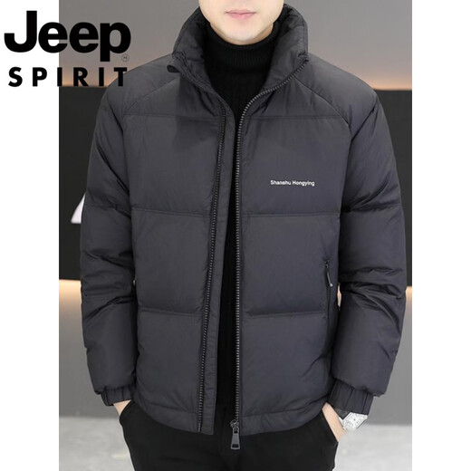 JEEP International Brand Men's Down Jacket Short Winter Stand Collar Solid Color Thickened Casual Loose Youth Jacket Trendy Black XL (Recommended 150 Jin Jin is equal to less than 0.5 kg)