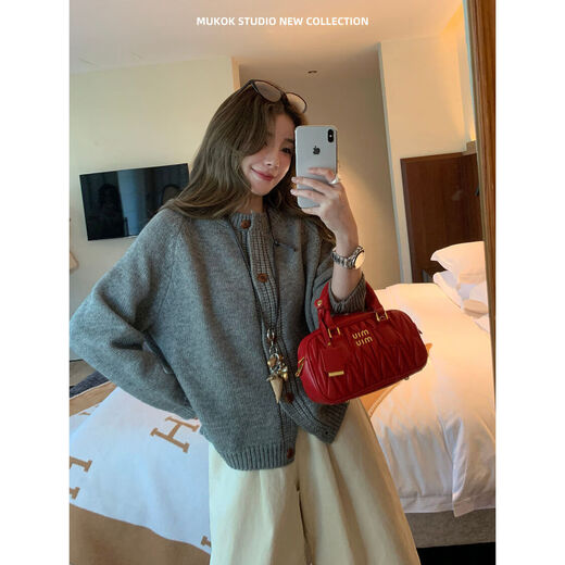 MUKOK raglan sleeve soft waxy sweater, high-end autumn and winter new style, versatile and versatile knitted cardigan, beige S