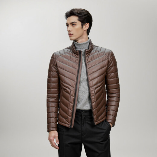 Snow Leopard Genuine Leather Jacket Men's First Layer Sheepskin Business Casual System Stand Collar White Duck Down Short Leather Down Jacket Brown L 48 170/92A