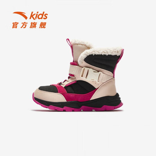 ANTA Children's Synthetic Leather Shoes Girls' Shoes 2025 Winter New Product Leather Water-Repellent Water-Repellent Plus Velvet Warm Snow Boots Black/Fan Pink-3 28