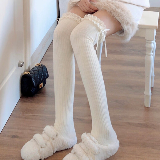 Perfect autumn and winter plus velvet milk white over-the-knee socks for women, warm high wool lace stockings, milky white wool lace high socks, one size fits all