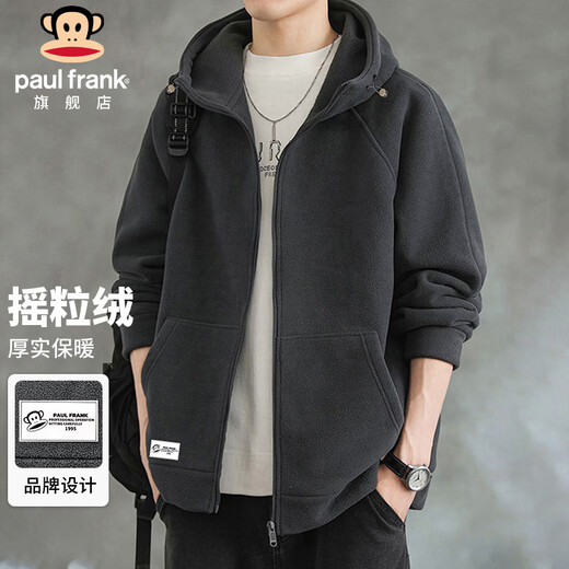 Paul Frank Polar Fleece Jacket Men's Winter Thick Warm Hooded Jacket Men's Trendy Top Men's Dark Gray XL