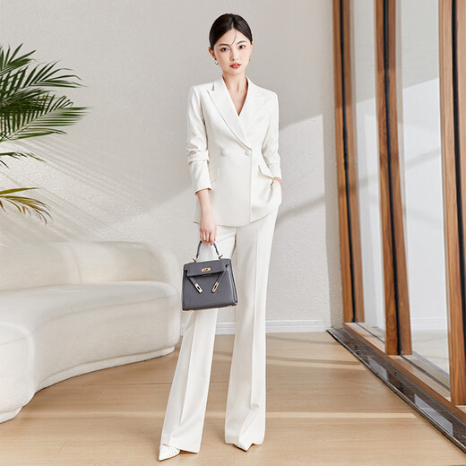 BAFEIYA high-end suit jacket, female professional host, fashionable temperament, business OL, socialite, capable medical beauty consultation in autumn and winter, off-white suit + bell-bottom pants M