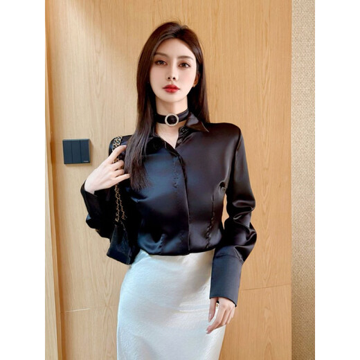 Playboy (PLAYBOY) black polo collar long-sleeved shirt for women early spring new temperament casual shirt unique chic top official flagship black S 80-95Jin Jin is equal to 0.5 kg