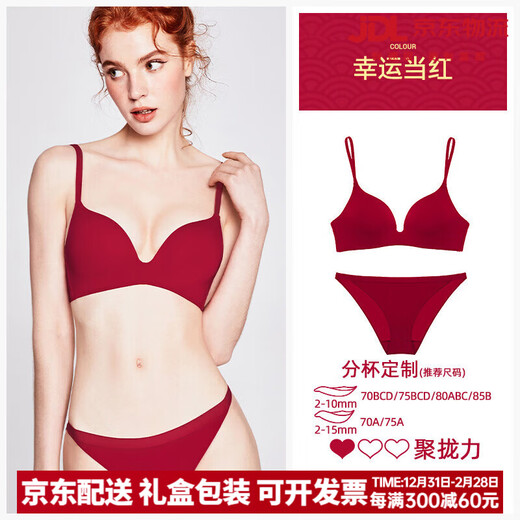 Miss Curiosity Red Underwear Women Push Up Small Breast Wedding Bridal Wireless Seamless Bra Set Zodiac Year of the Horse Gift Box Lucky Popular Set (Basic Solid Color Style) 70A