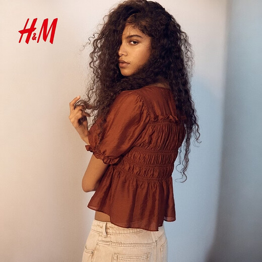 H&M Women's Shirt 2026 Spring New Round Neck Bow Tie Smocked Shirt Top 1316657 Rust Red XS 155/80