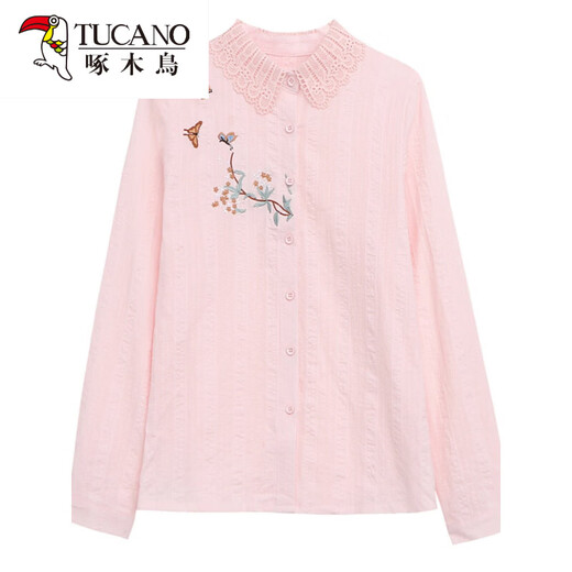 Woodpecker (TUCANO) Fashionable Embroidered Cotton Velvet Shirt Women's 2026 Spring and Autumn Clothing New Long Sleeve Cotton Shirt Women's Fashion Tops Blue S
