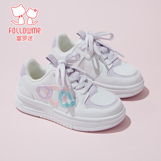 Fuluomi girls sneakers spring new sweet and stylish casual shoes for primary school students mesh breathable sneakers white/purple 29