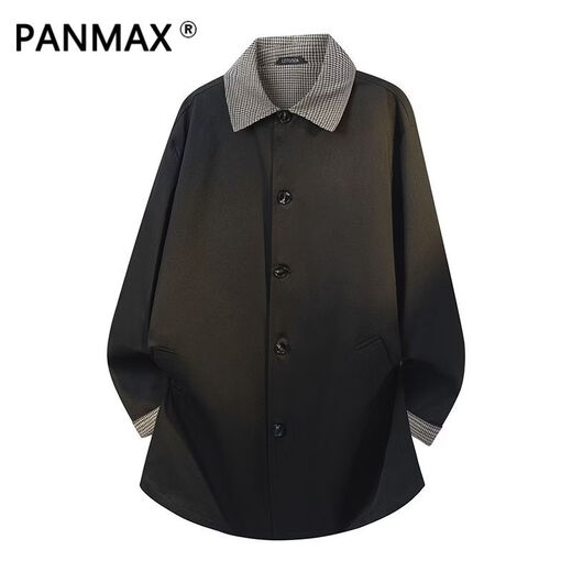 PANMAX潮流新款老钱风千鸟格撞色风衣时尚百搭男士休闲翻领风衣 黑色 M 建议110-125斤