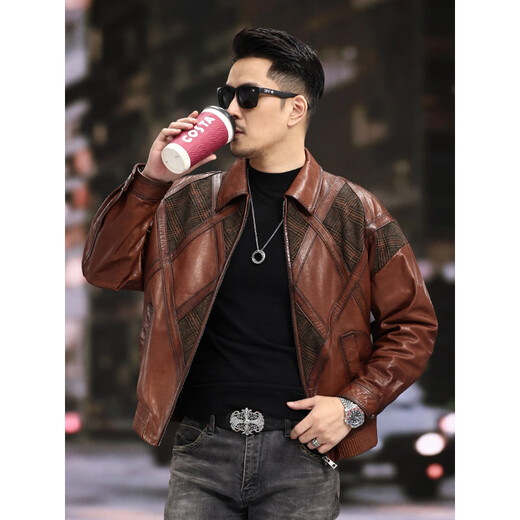 Xiaohongshu’s popular ZIXI vintage leather jacket for men with genuine leather goatskin spliced woolen lapels, removable thickened liner, black single lining M 16545-55kg