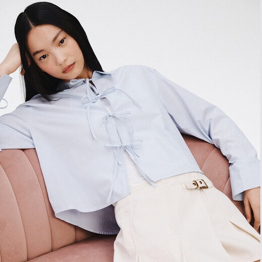 H&M 2026 Spring New Women's Front Tie-Up Poplin Shirt 1327619 Light Blue/Stripes XS 155/80