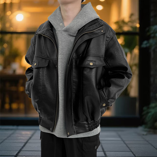 Retro autumn and winter new leather jacket men's PU leather coach bomber jacket American casual loose motorcycle suit 3344 black regular M