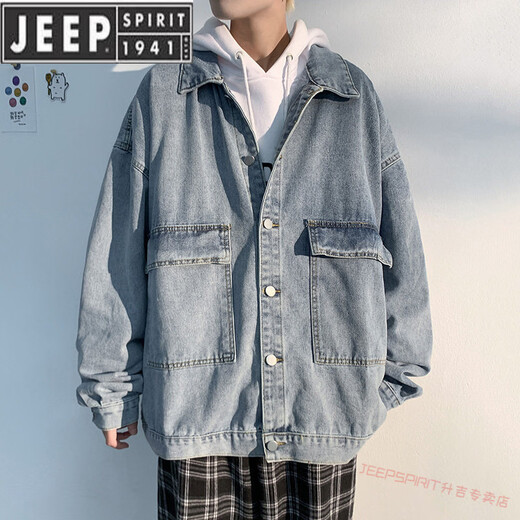 JEEP SPIRIT high-end brand American men's denim jacket plus velvet thickened casual work jacket for spring, autumn and winter dark blue B XL