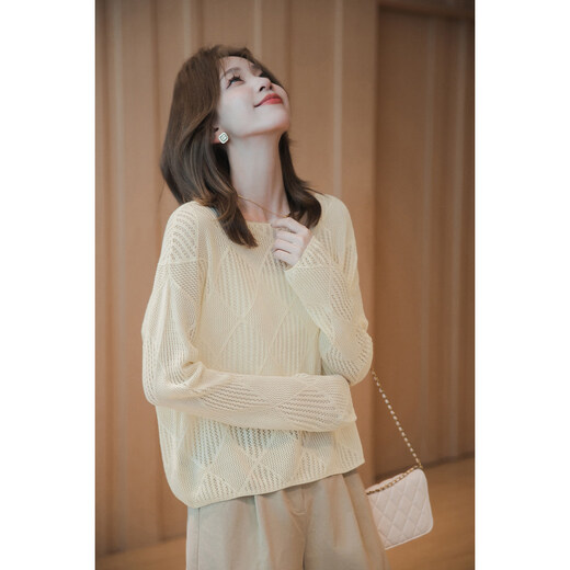 Xiaoguoli paper man blouse, lazy hollow all-match sweater, spring style one-line collar loose all-match top, blue, one size fits all size 1