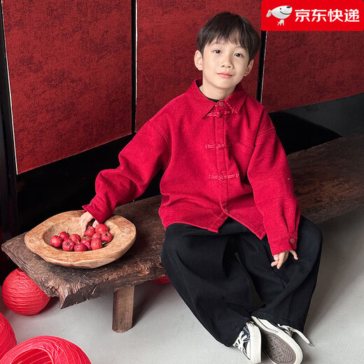 Strong boys' velvet shirt, children's new Tang suit, New Year's clothing, boys' red shirt, middle-aged and elderly children red 100 cm