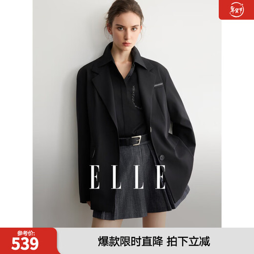 ELLE high-end silhouette loose suit jacket for women 2026 spring new fashionable contrasting color design suit black L