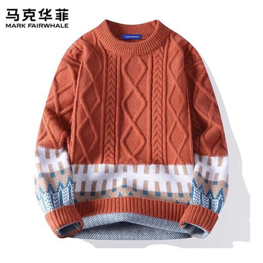 MARK FAIRWHALE Hong Kong style retro casual sweater men's 2026 spring new loose comfortable warm jacquard handsome top men's apricot official authentic XL recommended 120-135 Jin Jin equals 0.5 kg