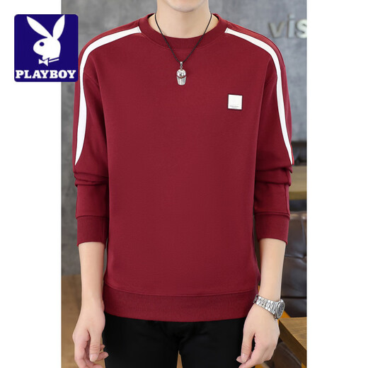 Playboy (PLAYBOY) Spring and Autumn Spliced Striped Sweater Men's T-shirt Long Sleeve Round Neck Pullover T-shirt Youth Casual Bottoming Shirt Men Red M 100--120