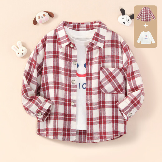 October Mommy (octmami) 2-piece children's shirt long-sleeved white T-shirt boys and girls infant children's clothing plaid jacket burgundy 110