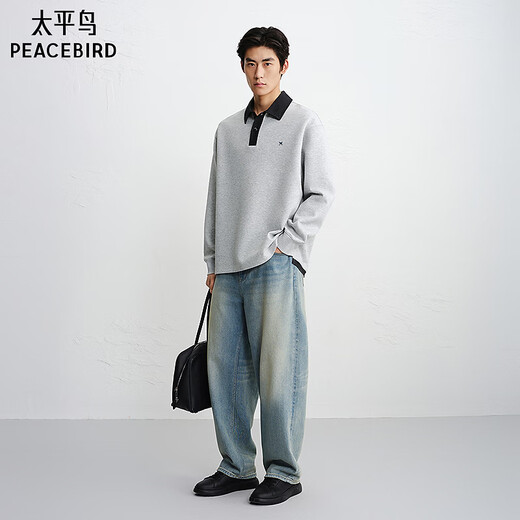 PEACEBIRD Men's Shopping Mall Sweatshirt 26 Spring New Contrast Color Lapel Top B1CRG1228 Alloy Gray 1 3XL