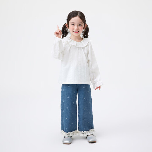Xiaoyinman children's clothing girls pure cotton shirt lace round neck 26 spring new style sweet casual top for small and medium-sized children and girls off-white 105