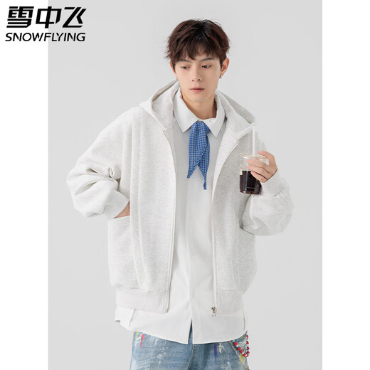 Snow Flying (SNOWFLYING) green cardigan sweatshirt for men spring and autumn 2026 new American trendy brand loose couple style heavy hooded jacket black L suitable for 110~130Jin Jin equals 0.5 kg