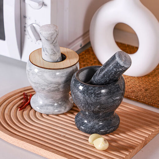 Tuojin natural jade garlic press stone mortar garlic mortar traditional old-fashioned household manual grinding raw stone garlic mortar 11 cm diameter calm black, tank + stone hammer + lid