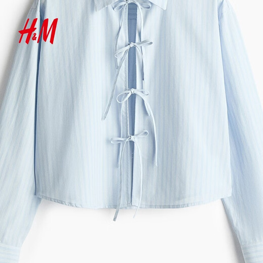 H&M 2026 Spring New Women's Front Tie-Up Poplin Shirt 1327619 Light Blue/Stripes XS 155/80