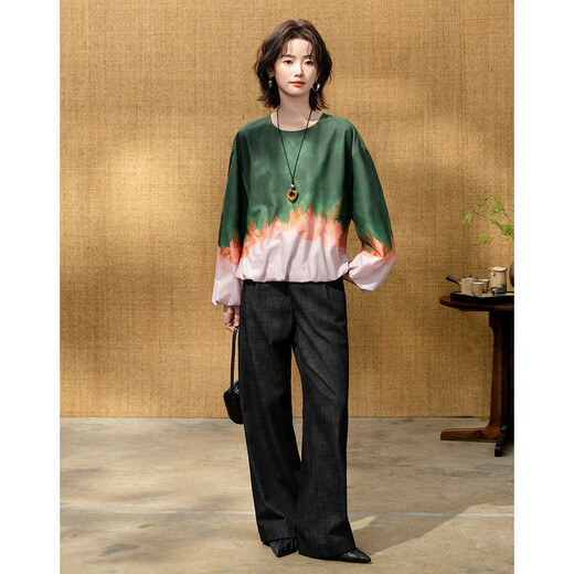 Demana poetic and affectionate spring gradient positioning and blooming printed top round neck loose small women's shirt