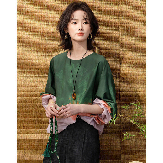 Demana poetic and affectionate spring gradient positioning and blooming printed top round neck loose small women's shirt