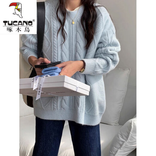 Woodpecker (TUCANO) Red Sweater Women's 2025 Winter New Pullover Loose Outerwear Knitted Sweater Lazy Style Thickened Soft Waxy Twist Top Red M 90-105Jin Jin equals 0.5kg Wear