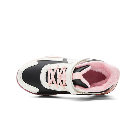 Peak children's shoes, children's boys' sports shoes, winter leather and velvet thickened warm cotton shoes, medium and large children's high-top cotton shoes, black/super light white 37