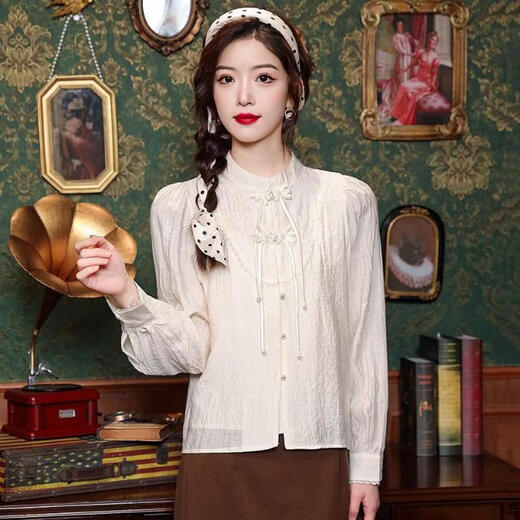 Playboy (PLAYBOY) new Chinese style long-sleeved chiffon shirt for women spring 2026 early spring new national style retro buttoned shirt versatile top official flagship picture color L