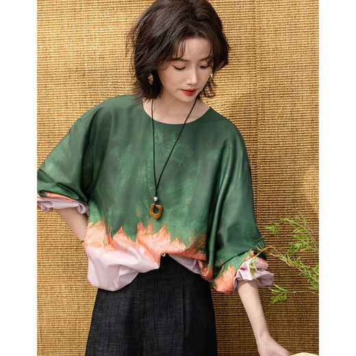 Demana poetic and affectionate spring gradient positioning and blooming printed top round neck loose small women's shirt