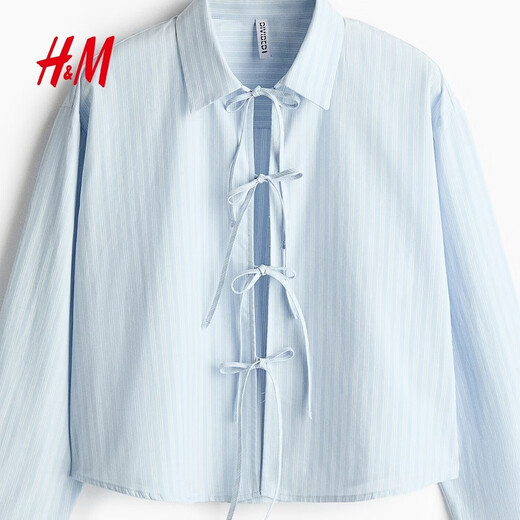 H&M 2026 Spring New Women's Front Tie-Up Poplin Shirt 1327619 Light Blue/Stripes XS 155/80