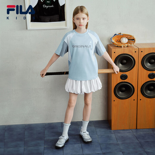 FILA Children's Clothing Short T-shirt 2026 Summer New Men's and Older Children's Short-Sleeved T-shirt Ice Peak Blue-BU 105