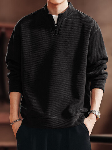 Green Deer high-end retro high-end half-zip long-sleeved sweatshirt men's spring and autumn casual tops black L suitable for 120-140Jin Jin equals 0.5 kg