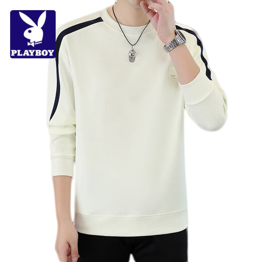 Playboy (PLAYBOY) Spring and Autumn Spliced Striped Sweater Men's T-shirt Long Sleeve Round Neck Pullover T-shirt Youth Casual Bottoming Shirt Men Red M 100--120