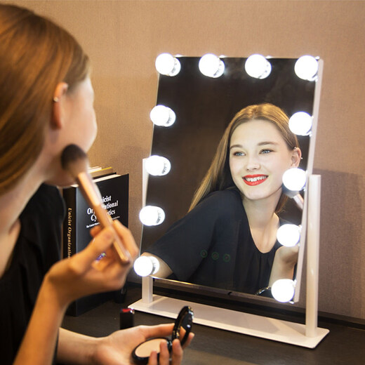 Mirror insled make-up mirror with light bulb mirror girls dormitory desktop large intelligent supplementary light desktop 9 light bulbs three-color light + stepless dimming (cool black plug-in model)