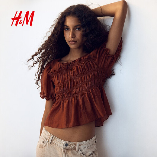 H&M Women's Shirt 2026 Spring New Round Neck Bow Tie Smocked Shirt Top 1316657 Rust Red XS 155/80