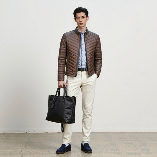 Snow Leopard Genuine Leather Jacket Men's First Layer Sheepskin Business Casual System Stand Collar White Duck Down Short Leather Down Jacket Brown L 48 170/92A