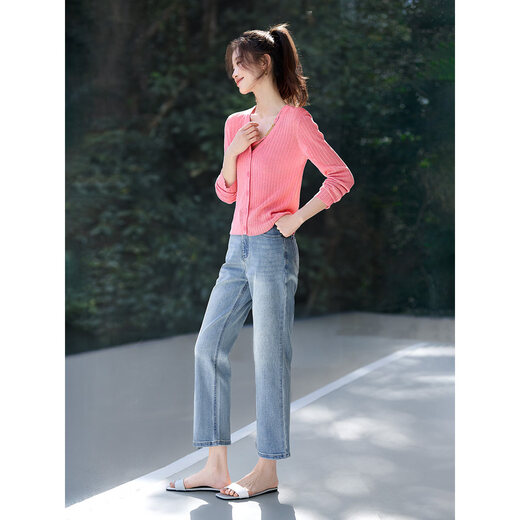Mohan Yimei 2026 Spring New Style Includes Linen Removable Webbing Slim Elegant Top Cardigan Sweater Women Pink M