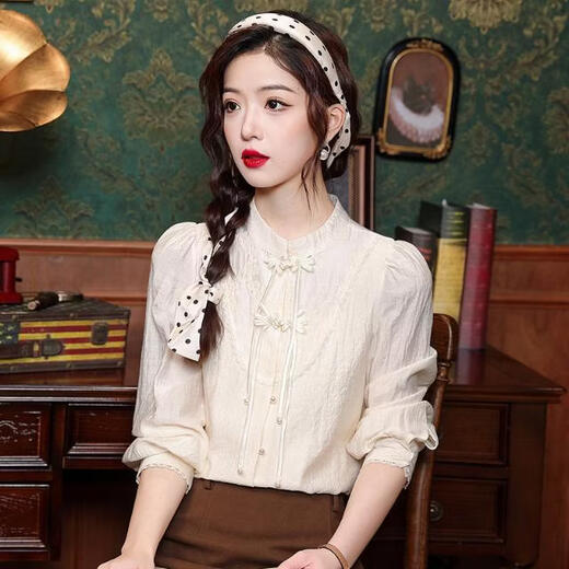 Playboy (PLAYBOY) new Chinese style long-sleeved chiffon shirt for women spring 2026 early spring new national style retro buttoned shirt versatile top official flagship picture color L